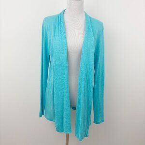J. Jill Love Linen Turquoise Open Front Cardigan Size M Longline Lightweight